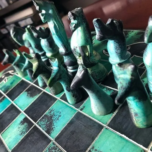 African Vintage Chess Set - Royal Green Large Chess Board - Picture 9 of 11